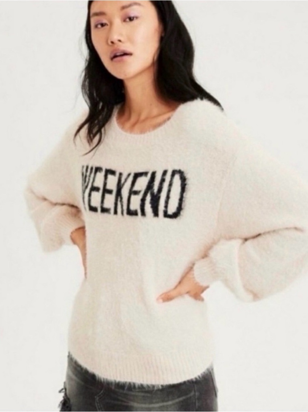 American Eagle Weekend Fuzzy Eyelash Knit Sweater Cream Black L - Picture 2 of 6